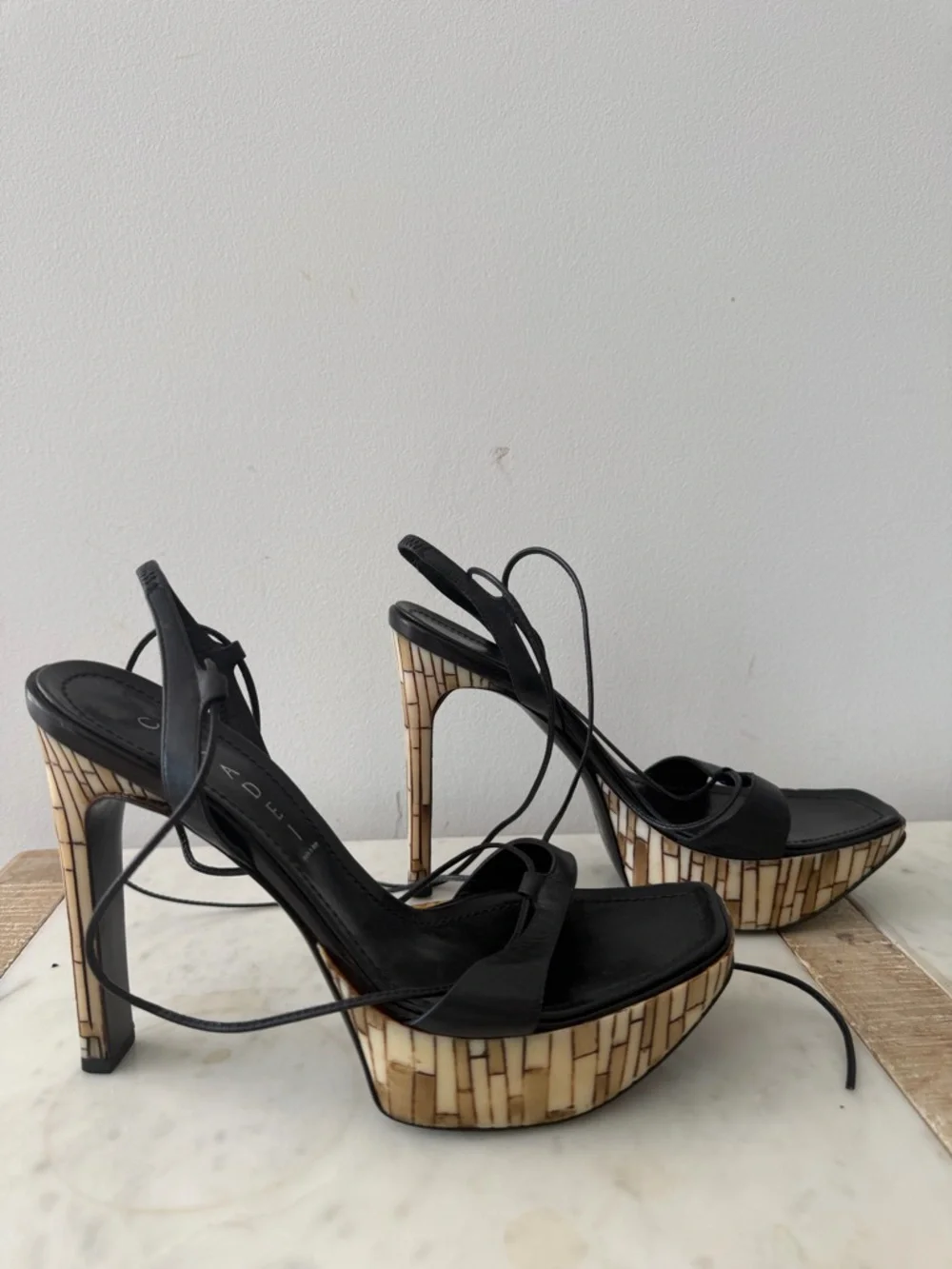 Casadei Black Platform Lace-Up Sandals with Wood-Effect Heel